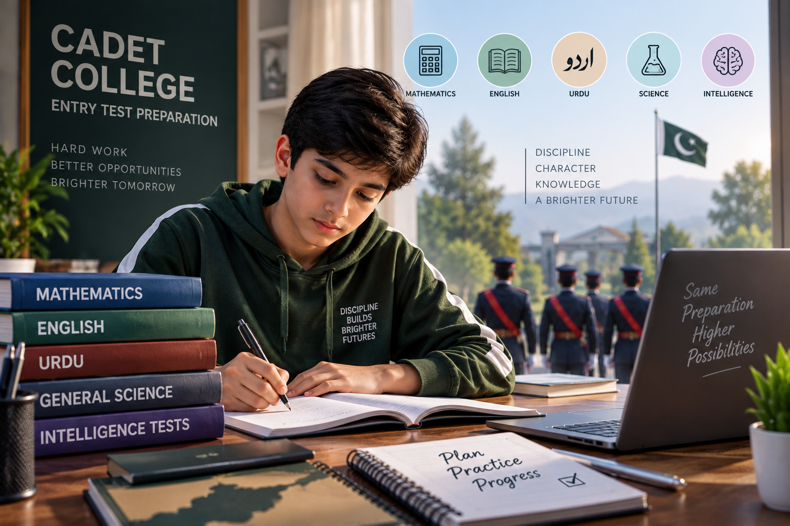 Student studying Mathematics, English, Science and intelligence-test material for cadet college entry-test preparation